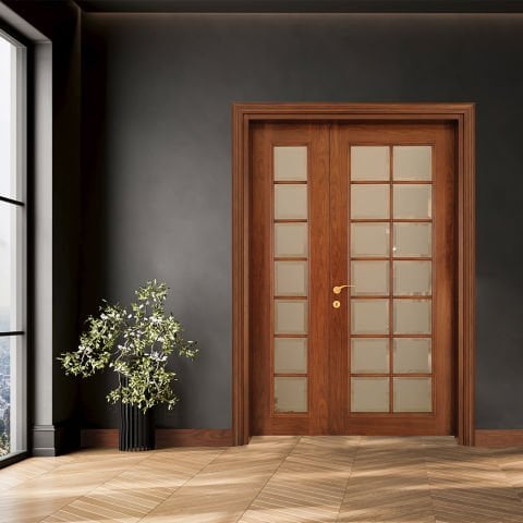 Salkım 14 Camlı 1,5 Kanat Doğal Hareli Ceviz Ahşap Kapı