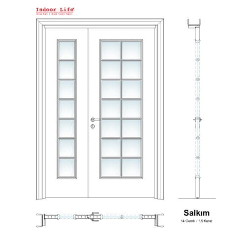 Salkım 14 Camlı 1,5 Kanat Doğal Hareli Ceviz Ahşap Kapı