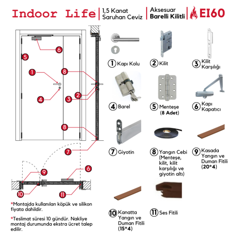 EI60 Saruhan Ceviz 1,5 Kanat Mercan Model Saruhan Ceviz Yangına Dayanıklı Ahşap Kapı Barelli Kilitli