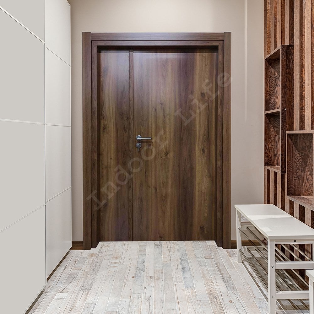 EI60 Saruhan Ceviz 1,5 Kanat Mercan Model Saruhan Ceviz Yangına Dayanıklı Ahşap Kapı Barelli Kilitli