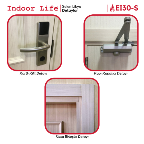 EI30-S Selen Likya Yangına Dayanıklı Ahşap Kapı Barelli Kilitli