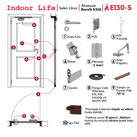 EI30-S Selen Likya Yangına Dayanıklı Ahşap Kapı Barelli Kilitli