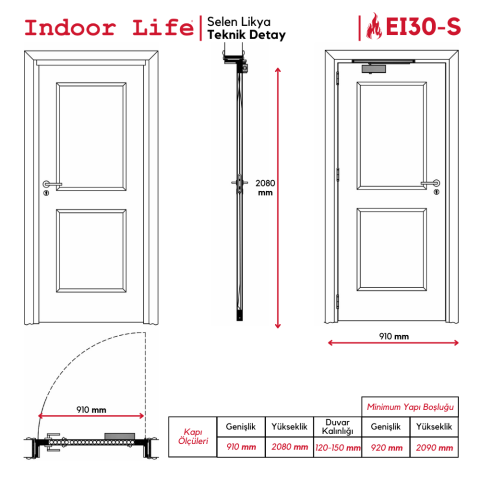 EI30-S Selen Likya Yangına Dayanıklı Ahşap Kapı Kartlı Kilitli