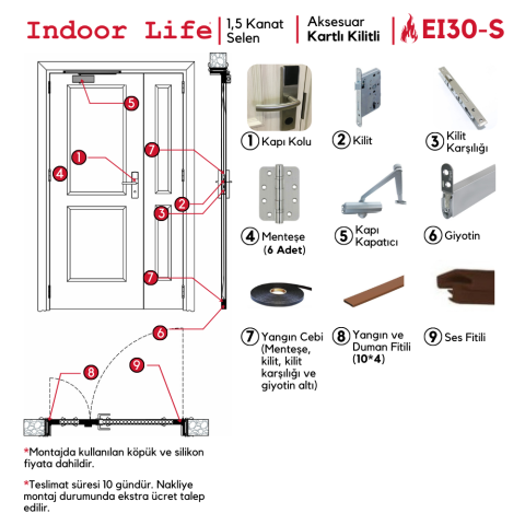 EI30-S Selen 1,5 Kanat Verona Bambu Yangına Dayanıklı Ahşap Kapı Kartlı Kilitli