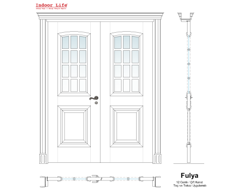 Fulya 12 Camlı Doğal Hareli Ceviz Taçlı 2 Kanat Ahşap Kapı