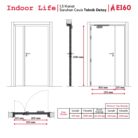 EI60 Saruhan Ceviz 1,5 Kanat Mercan Model Saruhan Ceviz Yangına Dayanıklı Ahşap Kapı