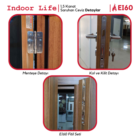 EI60 Saruhan Ceviz 1,5 Kanat Mercan Model Saruhan Ceviz Yangına Dayanıklı Ahşap Kapı
